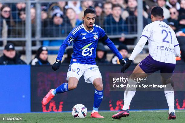 Frédéric Gilbert of RC Strasbourg in action against Rafael Ratao of Toulouse during the Ligue 1 match between RC Strasbourg and Toulouse FC at Stade...