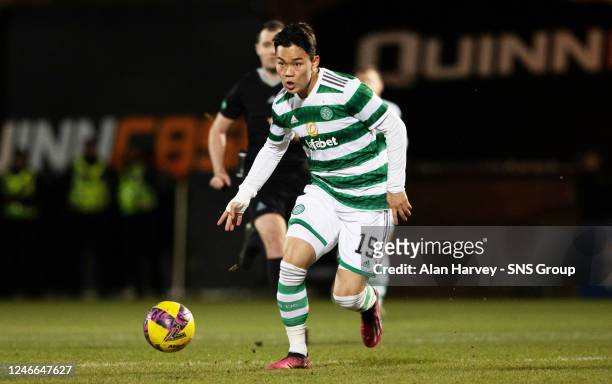 Celtics Oh Hyeon-gyu in action during a cinch Premiership match between Dundee United and Celtic at Tannadice, on January 29 in Dundee, Scotland.