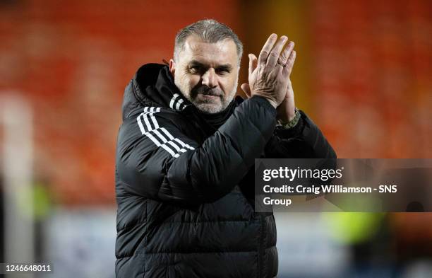 Celtic Manager Ange Postecoglou at Full Time during a cinch Premiership match between Dundee United and Celtic at Tannadice, on January 29 in Dundee,...