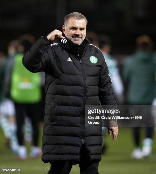 Celtic Manager Ange Postecoglou at Full Time during a cinch Premiership match between Dundee United and Celtic at Tannadice, on January 29 in Dundee,...