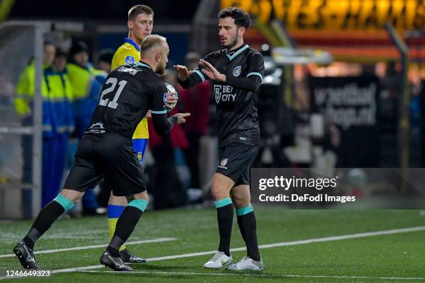 Dogan Erdogan of Fortuna Sittard and Oguzhan Ozyakup of Fortuna Sittard substitutes during the Dutch Eredivisie match between SC Cambuur and Fortuna...