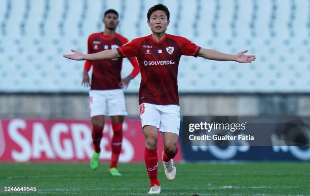 Kento Misao of CD Santa Clara during the Liga Bwin match between Casa Pia AC and CD Santa Clara at Estadio Nacional on January 29, 2023 in Oeiras,...