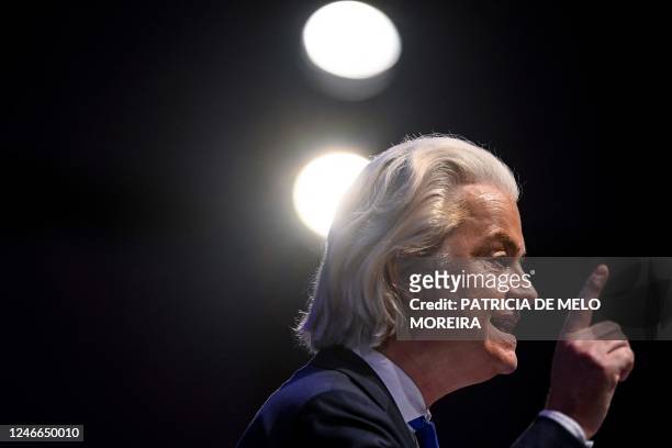 President of Partij voor de Vrijheid - PVV Duth far-right party, Geert Wilders, delivers a speech during the Portugal's Chega far-right party...