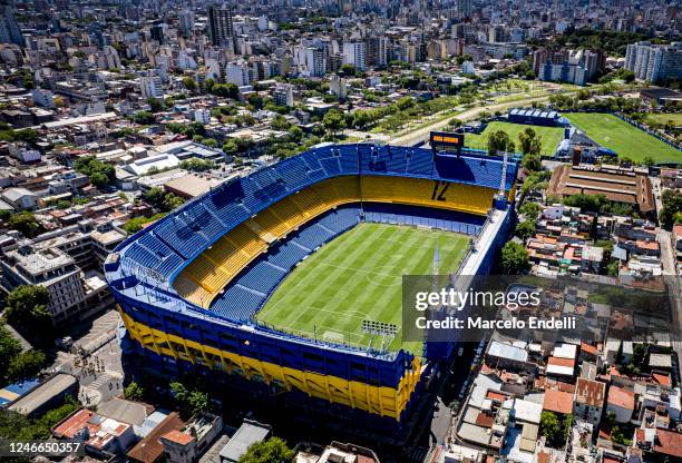 Aerial view of Estadio Alberto J. Armando before a match between Boca and Atletico Tucuman as part of Liga Profesional 2023 at Estadio Alberto J....