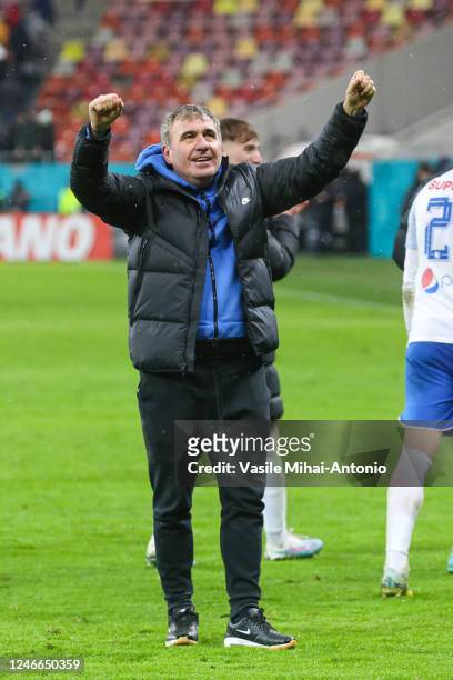 The coach of the Farul Constanta team Gheorghe Hagi celebrates the victory after the game between FCSB and Farul Constanta in Round 23 of Liga 1...