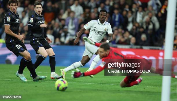 Real Madrid's Brazilian forward Vinicius Junior misses a chance to scoreduring the Spanish league football match between Real Madrid CF and Real...