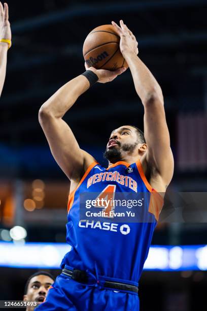 Garrison Brooks of the Westchester Knicks shoots the ball against the Grand Rapids Gold on January 29, 2023 at Total Mortgage Arena in Bridgeport,...