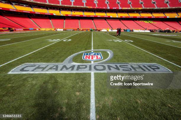 Championship logo on the field prior to the game between the Kansas City Chiefs and the Cincinnati Bengals on January 29th, 2023 at Arrowhead Stadium...