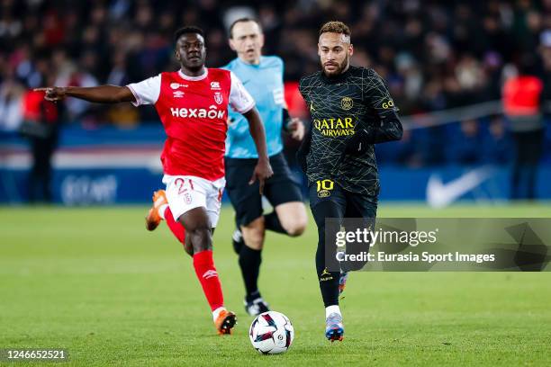 Neymar Junior of Paris Saint Germain in action during the Ligue 1 match between Paris Saint-Germain and Stade Reims at Parc des Princes on January...