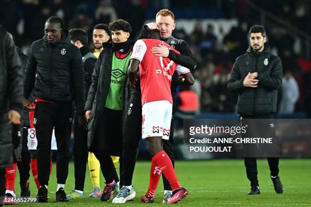 Reims' Belgian head coach William Still celebrates after winning the French L1 football match between Paris Saint-Germain and Stade de Reims at the...