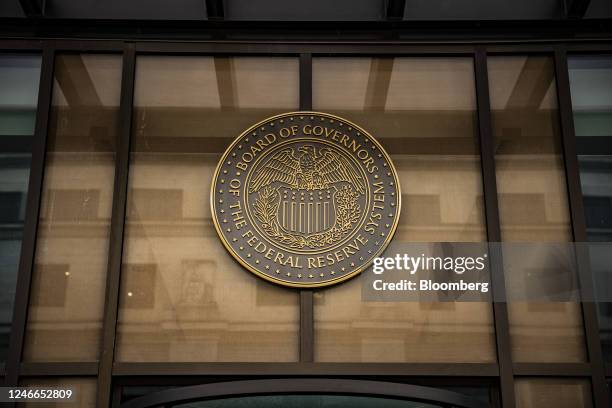 The seal of the US Federal Reserve Board of Governors at the William McChesney Martin Jr. Federal Reserve building in Washington, DC, US, on Sunday,...