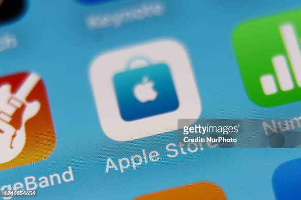 Apple Store icon displayed on a phone screen is seen in this illustration photo taken in Krakow, Poland on January 29, 2023.