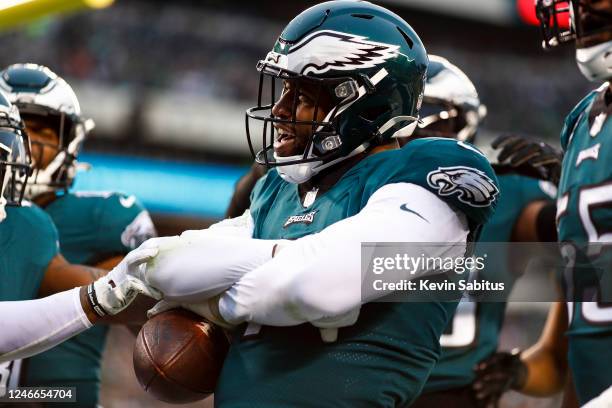 Haason Reddick of the Philadelphia Eagles celebrates with teammates after recovering a fumble during the second quarter of the NFC Championship NFL...