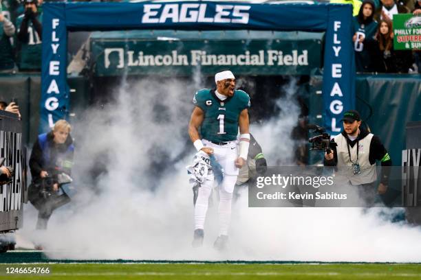 Jalen Hurts of the Philadelphia Eagles runs through the tunnel prior to the NFC Championship NFL football game against the San Francisco 49ers at...