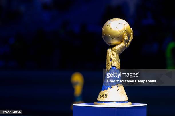 The IHF Handball World Cup trophy during the IHF Men's World Championship 2023 final match between France and Denmark on January 29, 2023 in...
