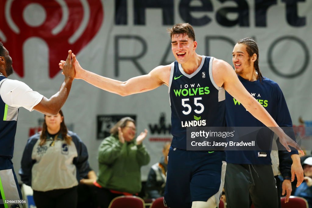 Iowa Wolves Action Luka Garza of the Iowa Wolves reacts after a play against the... News ...