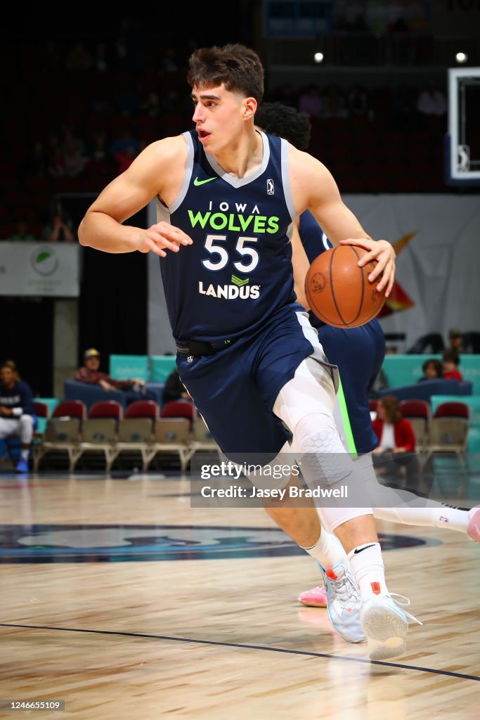 Luka Garza of the Iowa Wolves handles the ball against the Oklahoma ...