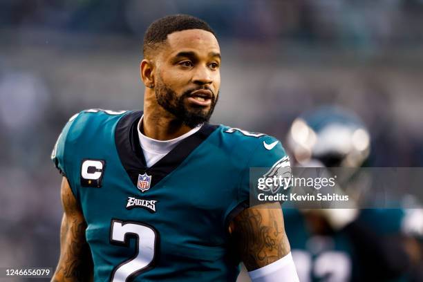 Darius Slay of the Philadelphia Eagles walks to the locker room during halftime of the NFC Championship NFL football game against the San Francisco...