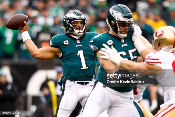 Jalen Hurts of the Philadelphia Eagles throws a pass during the first quarter of the NFC Championship NFL football game against the San Francisco...