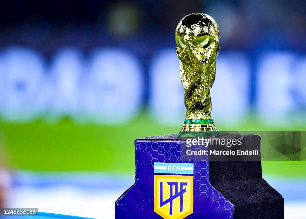 Detailed view of the FIFA World Cup Trophy replica as part of a tribute of Liga Profesional de Fútbol to the Argentine national team for winning the...