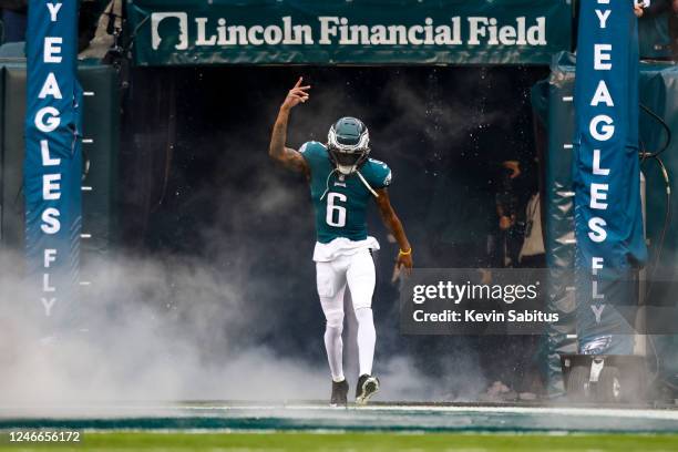 DeVonta Smith of the Philadelphia Eagles runs through the tunnel prior to the NFC Championship NFL football game against the San Francisco 49ers at...