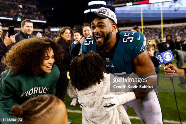 Brandon Graham of the Philadelphia Eagles celebrates with his family after the Philadelphia Eagles beat the San Francisco 49ers in the NFC...