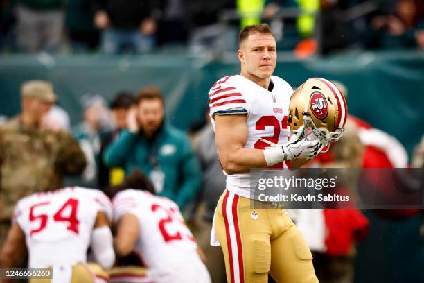 Christian McCaffrey of the San Francisco 49ers walks to the bench prior to the NFC Championship NFL football game against the Philadelphia Eagles at...