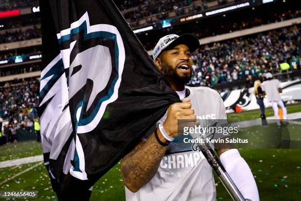 Darius Slay of the Philadelphia Eagles waves a flag in celebration after the Philadelphia Eagles beat the San Francisco 49ers in the NFC Championship...