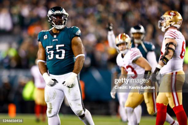 Brandon Graham of the Philadelphia Eagles celebrates after a play during the fourth quarter of the NFC Championship NFL football game against the San...