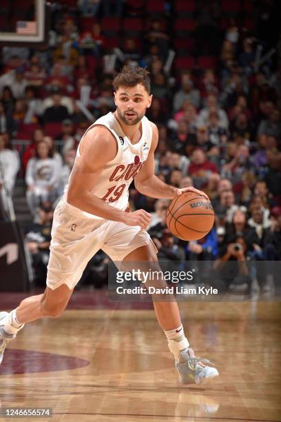Raul Neto of the Cleveland Cavaliers moves the ball during the game against the LA Clippers on January 29, 2023 at Rocket Mortgage FieldHouse in...