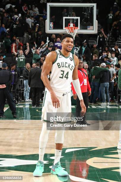 Giannis Antetokounmpo of the Milwaukee Bucks stands on the court after the win against the New Orleans Pelicans on January 29, 2023 at the Fiserv...
