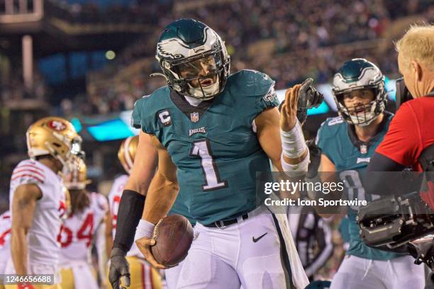 Philadelphia Eagles quarterback Jalen Hurts celebrates his touchdown during the Championship game between the San Fransisco 49ers and the...