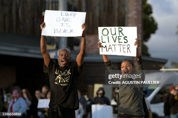 Protesters block traffic as they rally against the fatal police assault of Tyre Nichols, in Venice, California, on January 29, 2023. - The US city of...