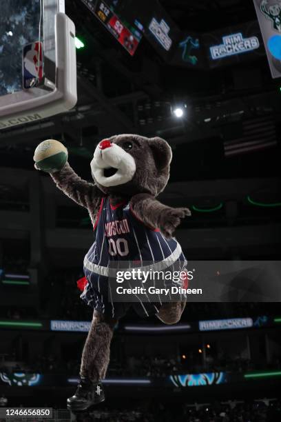 Mascot Clutch the Bear of the Houston Rockets dunks the ball during the game between the New Orleans Pelicans and the Milwaukee Bucks on January 29,...