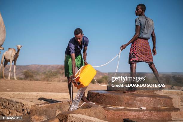 Men extract water from a well at the village of El Gel, 8 kilometres from the town of K'elafo, Ethiopia, on January 12, 2023. - The last five rainy...
