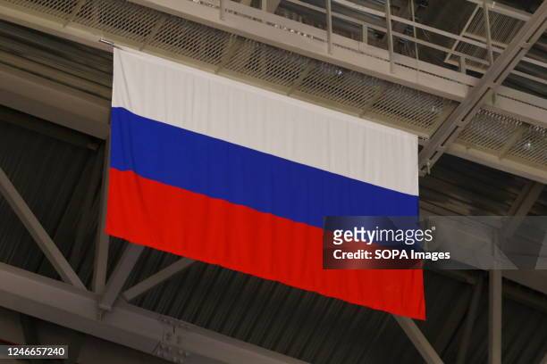 The flag of Russia during the VTB United League basketball match, Second stage, between Zenit St Petersburg and Lokomotiv Kuban at Sibur Arena. Final...