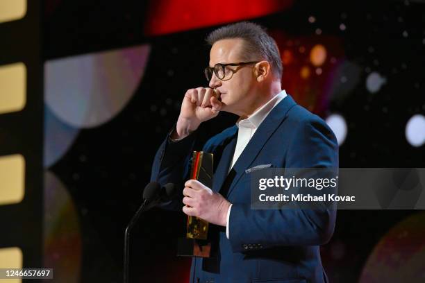 Brendan Fraser accepts the Best Actor award for "The Whale" onstage during the AARP Annual Movies for Grownups Awards - Show at Beverly Wilshire, a...