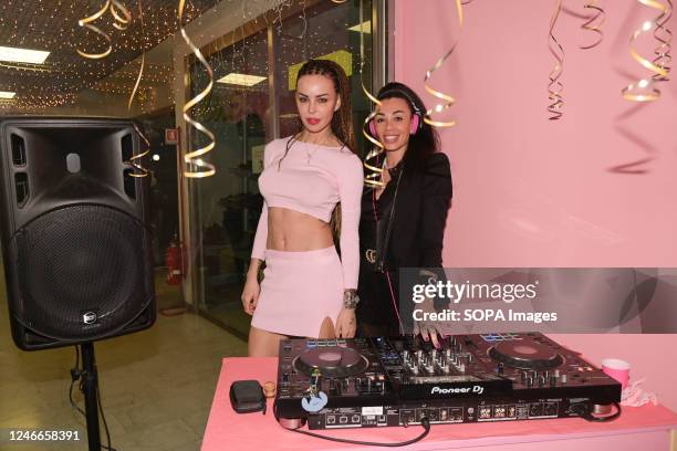 Nina Moric and Claudia Lai Nainggolan attend the beauty center "Vip extension academy" opening at Le Terrazze Casalpalocco shopping center.