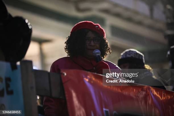 Alameda district attorney Pamela Price speaks during a protest of a thousand of people at the Oscar Grant Plaza over Tyre Nichols killing by Memphis...