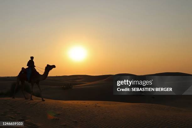 In this photograph taken on January 26 a man rides a camel at the Sam sand dunes near Jaisalmer in India's desert state of Rajasthan.