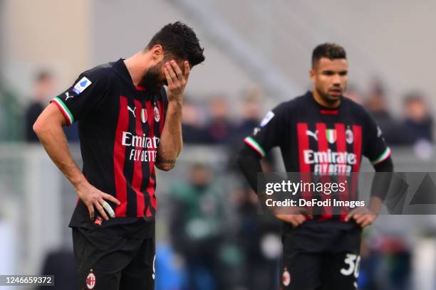 Olivier Giroud of Ac Milan look on during the Serie A match between AC MIlan and US Sassuolo at Stadio Giuseppe Meazza on January 29, 2023 in Milan,...