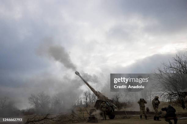 Ukrainian soldiers fire a 152-mm howitzer Msta-B on the frontline, in Donetsk Oblast, Ukraine on January 28, 2023. Artillery systems are actively...