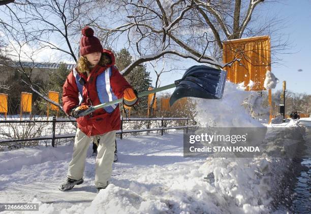 Christy Leaman shovels snow along a path in New York's Central Park, 25 February where a set of Christo and Jeanne-Claude's orange-colored temporary...