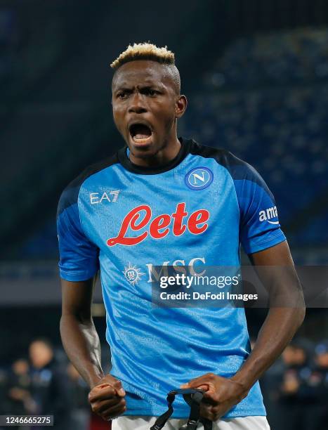 Victor Osimhen of SSC Napoli celebrates after scoring his team's first goal during the Serie A match between SSC Napoli and AS Roma at Stadio Diego...