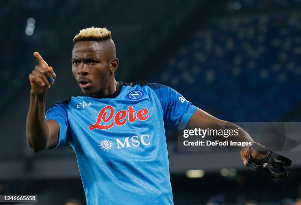 Victor Osimhen of SSC Napoli celebrates after scoring his team's first goal during the Serie A match between SSC Napoli and AS Roma at Stadio Diego...