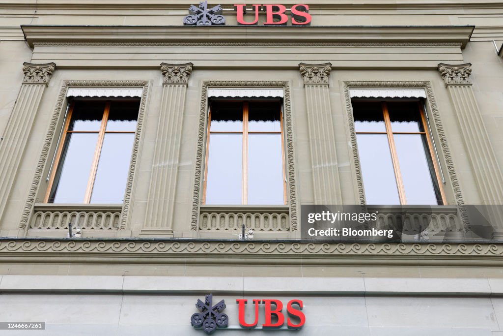 Signage outside a UBS Group AG bank branch in Bern, Switzerland, on ...