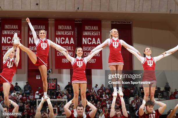 Indiana Hoosiers cheerleaders do a cheer during a game against the Ohio State Buckeyes at Assembly Hall in Bloomington, Indiana.