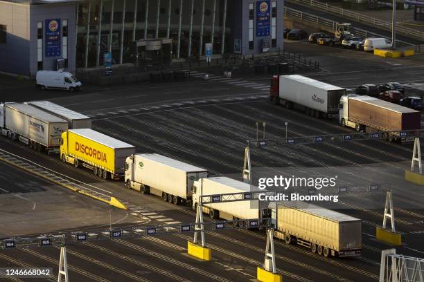 Trucks queue at the Port of Dover Ltd. In Dover, UK, on Monday, Jan. 30, 2023. Brexit and the Covid pandemic were blamed for creating huge lorry...