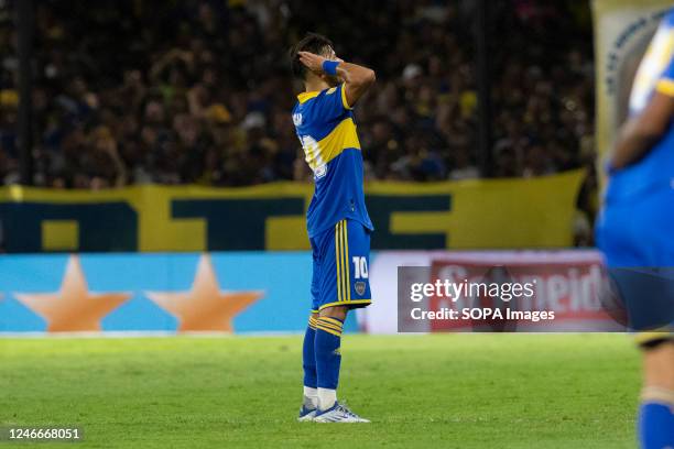 Oscar Romero of Boca Juniors celebrates after scoring a goal during a match between Boca and Atletico Tucuman as part of Liga Profesional 2023 at...