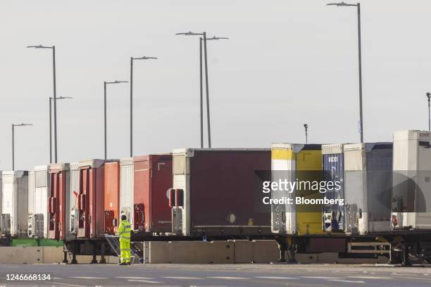 Heavy goods vehicle trailers at the Sevington Inland Border Facility near Ashford, UK, on Monday, Jan. 30, 2023. Brexit and the Covid pandemic were...
